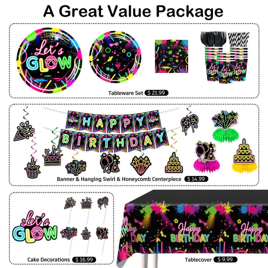 wellspar 205pcs Neon Birthday Party Decorations-Serves 25, All-in-one Glow Party Decorations with 350gsm Plate, Cake Topper, Tablecloth, Centerpiece, Banner, Hanging Swirls, Balloon