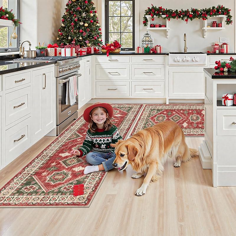 Christmas Kitchen Rug Set of 3 - Red & Green Non-Slip 20x32, 20x48, 20x59 variation: Red/Green+20"x32+20"x48+20"x59"