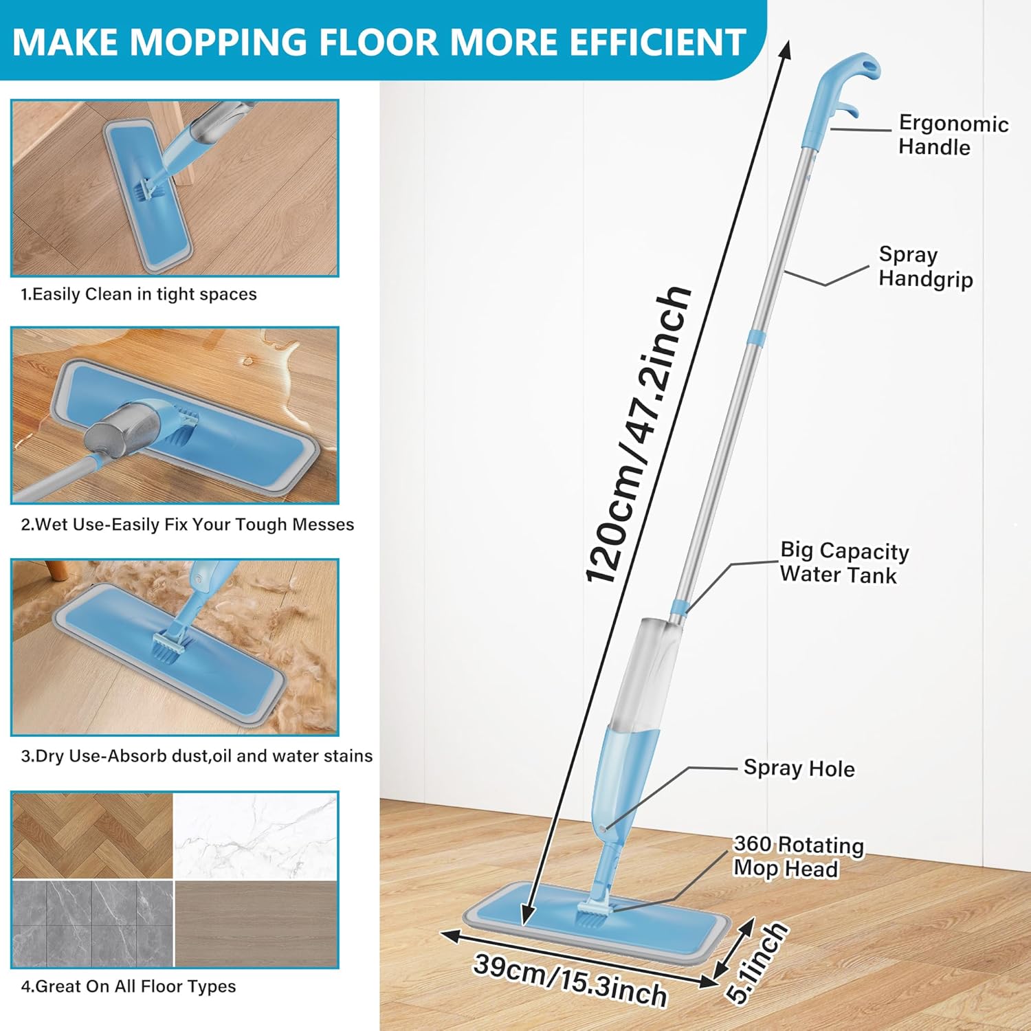 MEXERRIS Floor Mop - Spray Wet Mop for Hardwood Cleaning with 3 Washable Pads | Versatile for Wood, Laminate & Tile