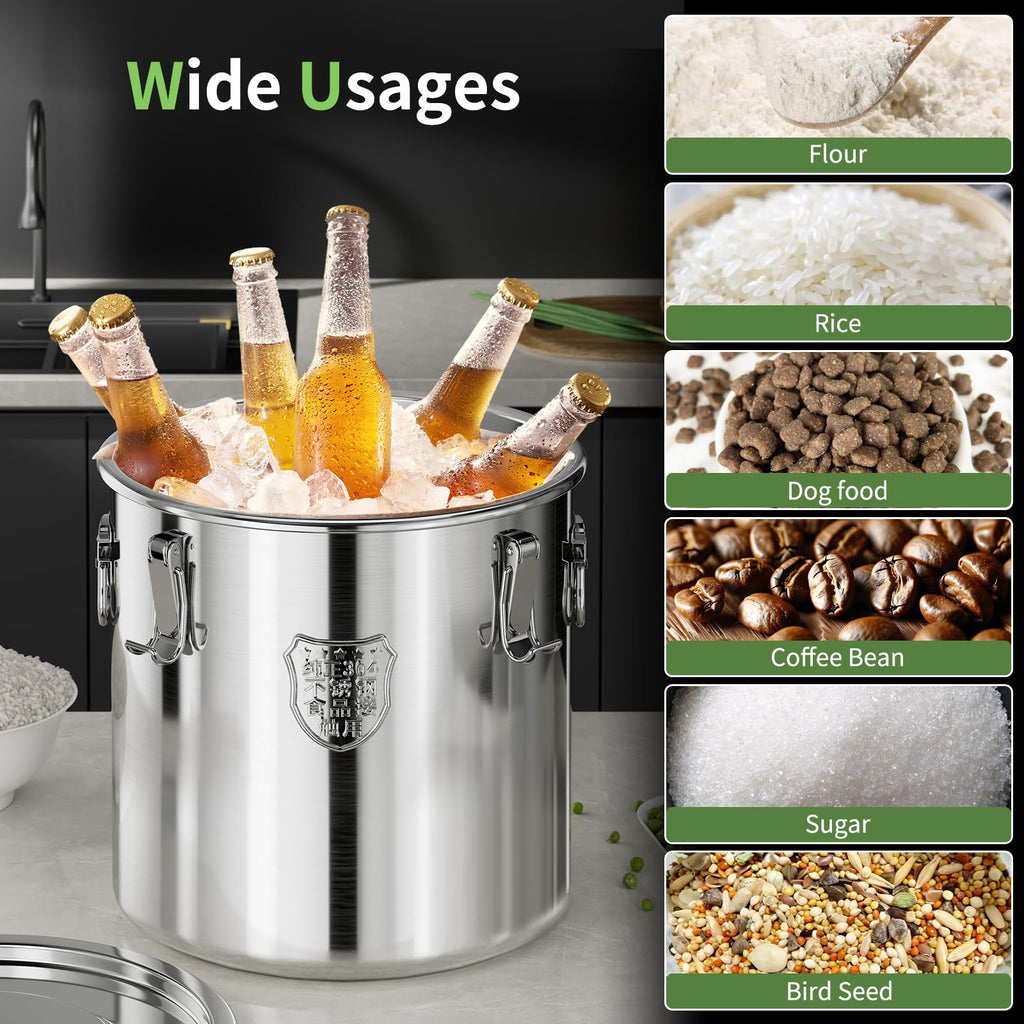 SWRONP 304 Stainless Steel food Storage Containers,3.2 Gal/12L Airtight Stainless Steel Bucket With lids,405oz Flour Storage Container,Metal Airtight Canister for Rice,Grain,Coffee Bean,Dog Food