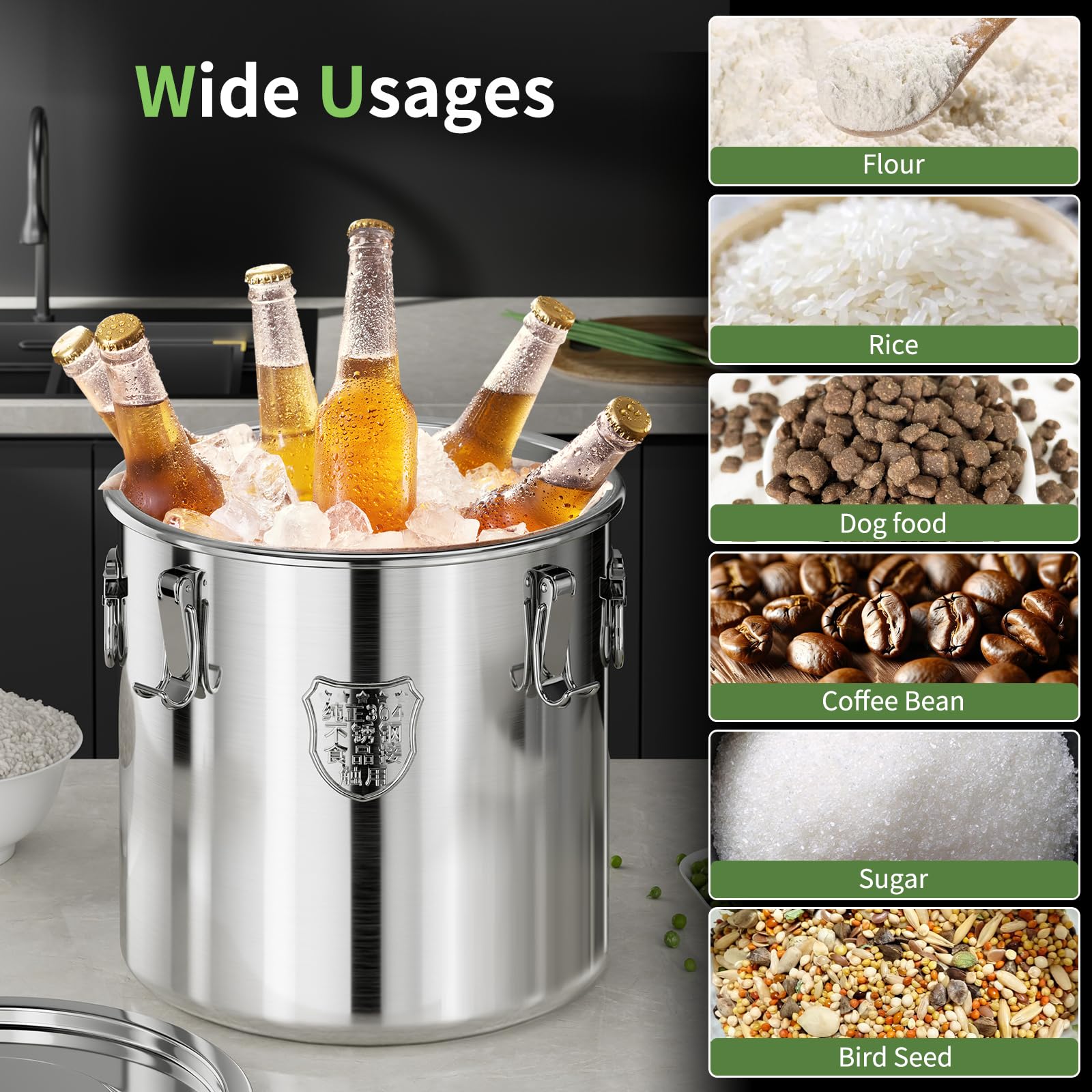 SWRONP 304 Stainless Steel food Storage Containers,3.2 Gal/12L Airtight Stainless Steel Bucket With lids,405oz Flour Storage Container,Metal Airtight Canister for Rice,Grain,Coffee Bean,Dog Food