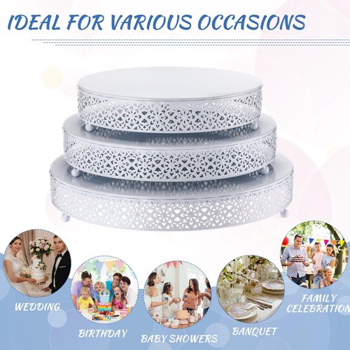 Wenqik 3 Pcs Cake Stand 16'' 14'' 12'' Round Metal Cake Stand Bases Display Holder Cookies Fruit Serving Tray Candy Display Plate Cupcake Dessert Pastry Riser for Wedding Birthday Party (White)
