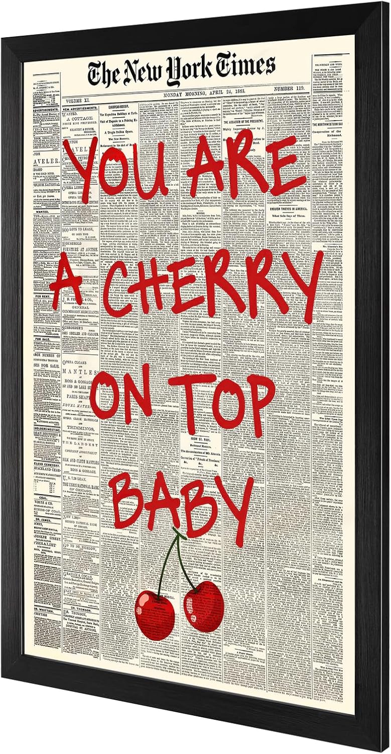 Trendy Canvas Wall Art - 'You Are A Cherry On Top' Inspirational Quote | Black & White 8x10in Framed Decor