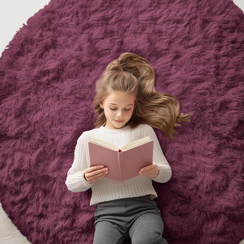 OLANLY Round Burgundy Area Rug - Soft, Fluffy, Machine Washable 5 ft Circle Carpet for Bedroom & Living Room Decor