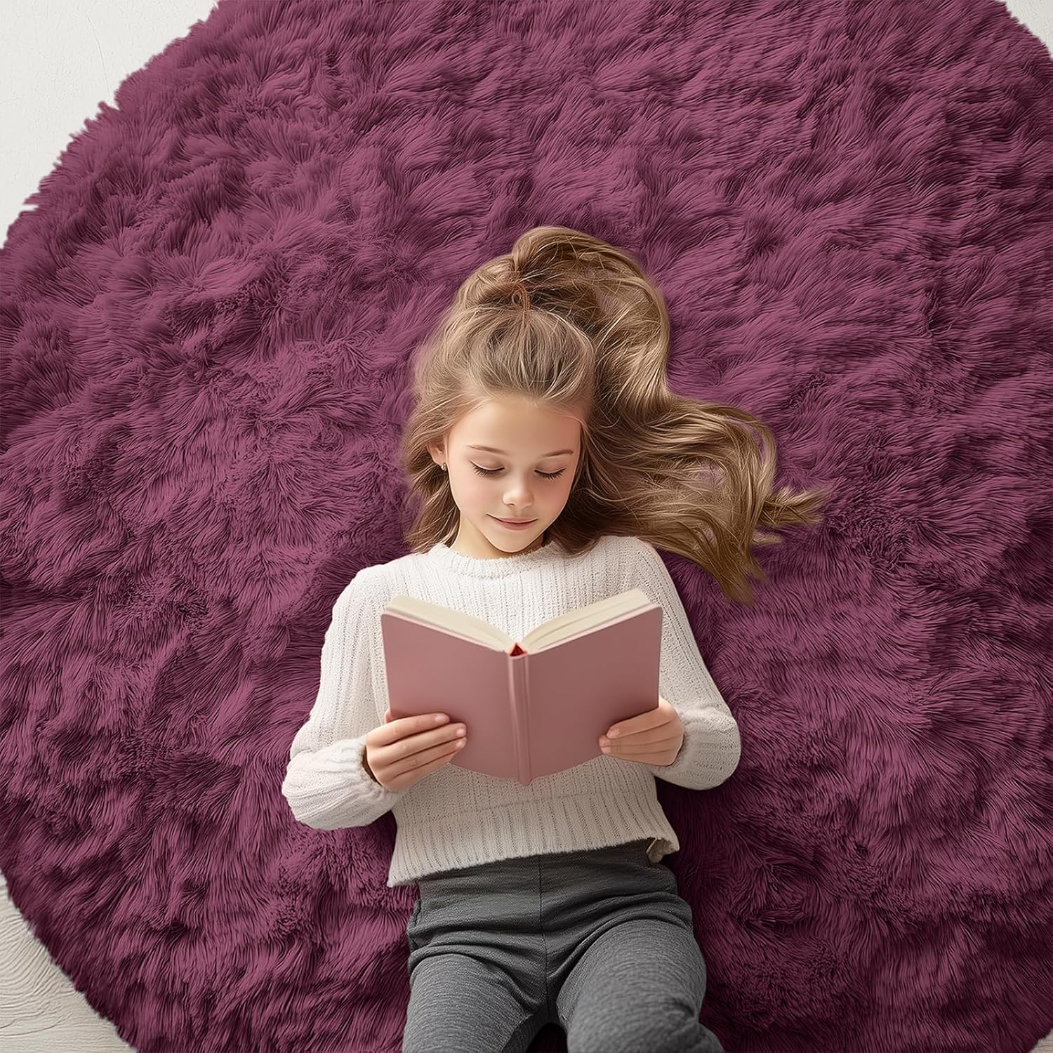OLANLY Round Burgundy Area Rug - Soft, Fluffy, Machine Washable 5 ft Circle Carpet for Bedroom & Living Room Decor