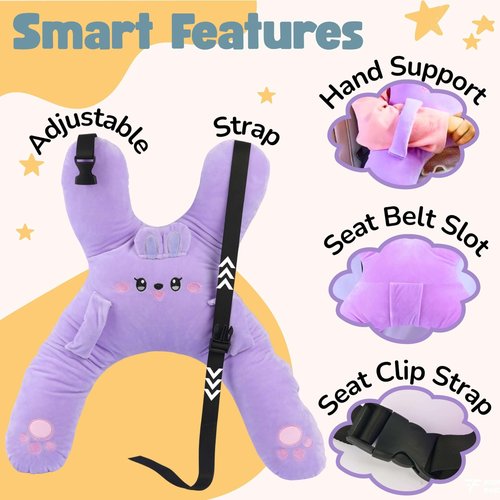 FOMO Finds Kids Car Sleeping Pillow - X-Shaped Plush Animal for Neck & Back Support - Hands & Seat Belt Slot - Machine Washable & Compressible - Perfect for Car, Plane, Train, Boat & More - Purple