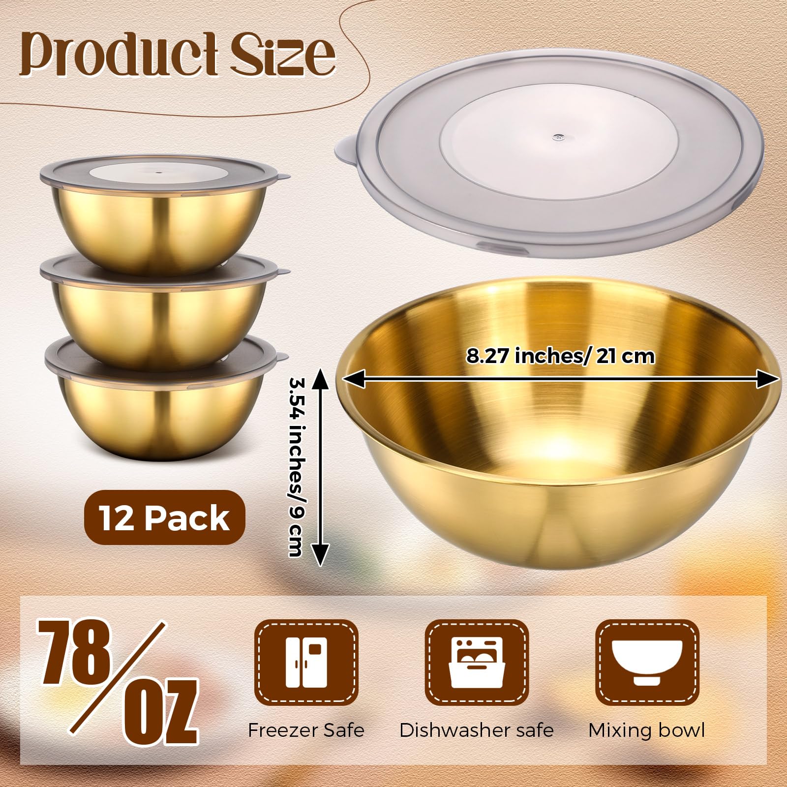 Nuogo 12 Pack 8.27 Inches Gold Stainless Steel Mixing Bowls with Airtight Lids Stackable Metal Serving Esthetician Facial Bowls for Salad, Fruit, Soup & Kitchen Prep