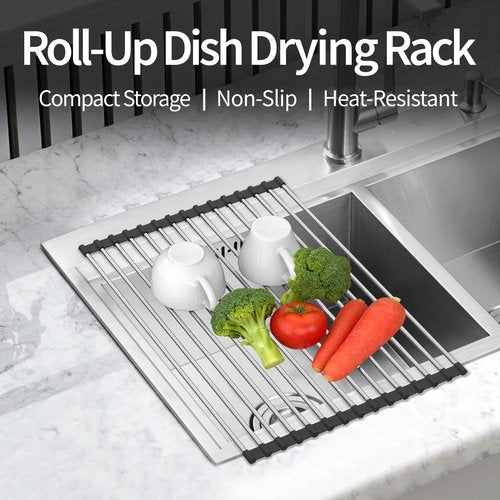 Yohslqo Dish Drying Rack with Roll Up and Over Sink for Kitchen 17"X11.8" (Black 17"x11.8")
