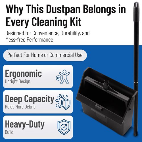 SPARTA Plastic Dust Pan, Upright Pan With 2 Piece Handle For Cleaning, 11 X 12 X 3.5 Inches, Black