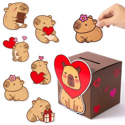 H1vojoxo DIY Valentine’s Day Mailbox - 48PCS Valentine’s Day Cards and Mailbox for Kid Classroom Exchange Valentines Gift Card Box for Boys Girls Valentines Capy Card Box for Valentine Party Favor