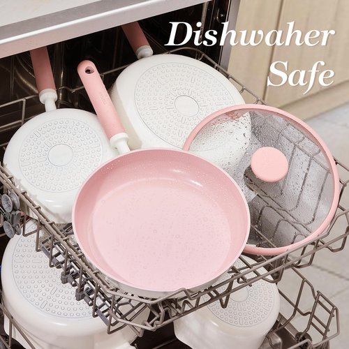 CAROTE 11 Inch Nonstick Deep Frying Pan with Lid, 5 Qt Chef Saute Pan with Pour Spout, Skillet Induction Cookware, Non Stick Cooking Pan Kitchen Pan, Healthy & PFOA/PFAS Free, Includes Spatula, Pink