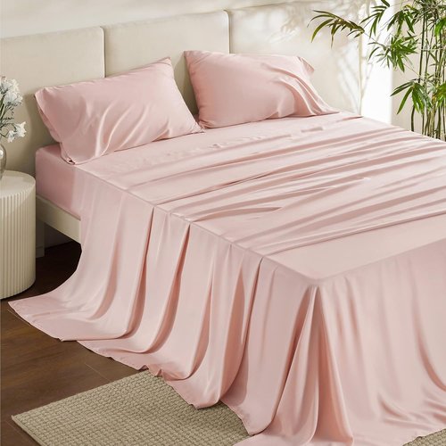 Bedsure Cooling California King Sheet Set - Breathable Bamboo Rayon, Soft & Luxurious, Deep Pocket, Pink