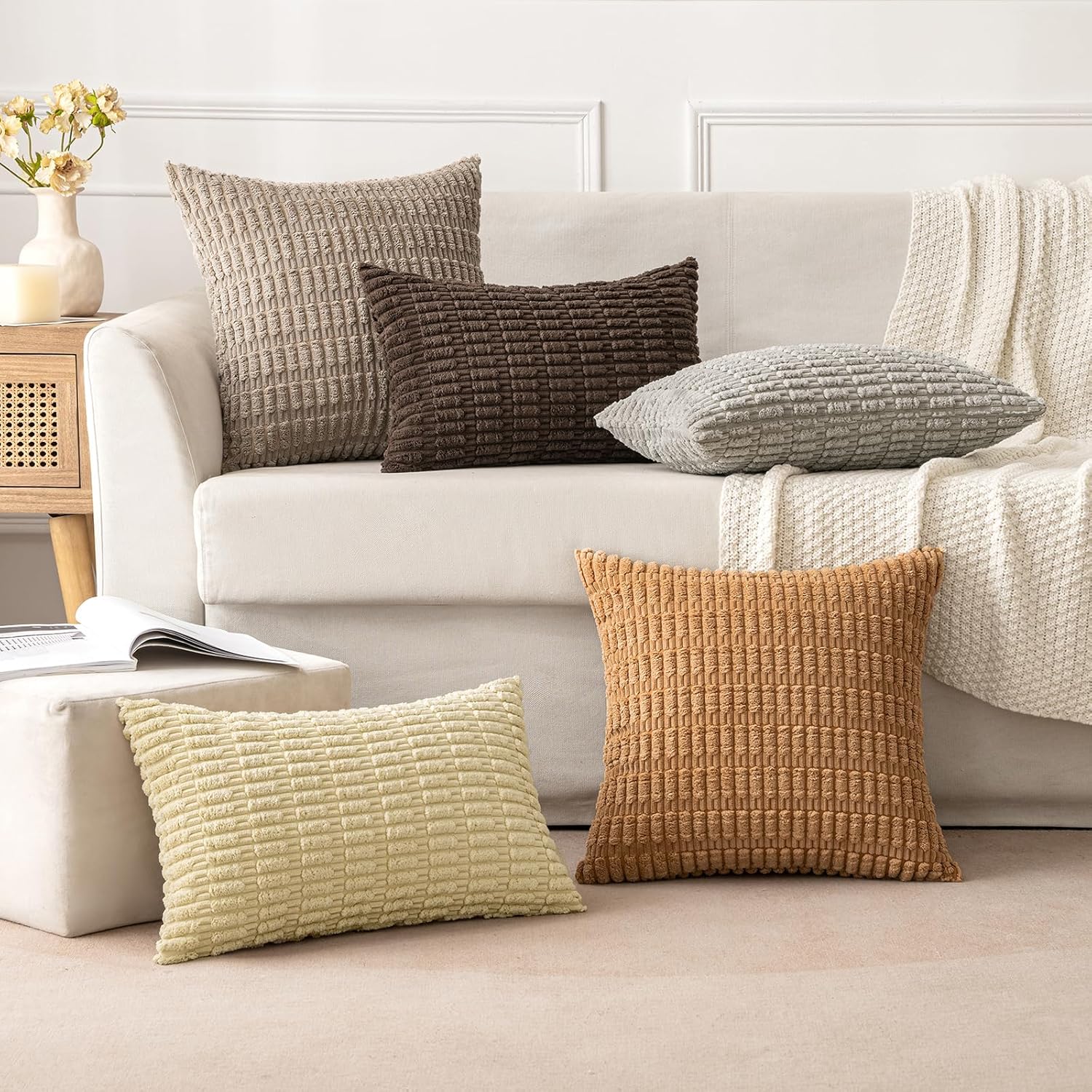 MIULEE Corduroy Decorative Lumbar Pillow Covers - Soft Boho Striped Design | 20x12 Inch, Brown