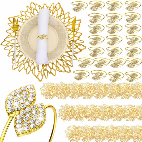 Suttmin 100 Pcs Dinner Placemats and Napkin Rings Bulk with Leaves Napkin Rings and Metallic Round Place Mats Sequin Placemats for Wedding Kitchen Leaf Dining Table Decoration