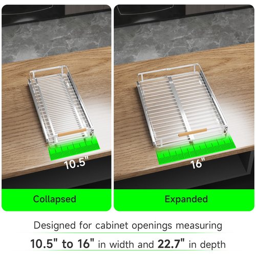 SOFRON Expandable Pull Out Drawers for Cabinets, Kitchen Cabinet Slide Out Shelves, Adjustable Roll Out Drawers, Stainless Steel, Small 2 Pack, (10.5"-16") W * 22.7"D