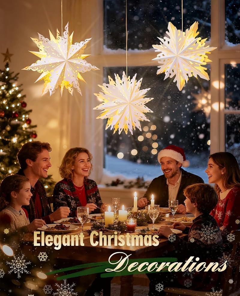 3 Pack 17.7in Paper Snowflake Lanterns with Remote, Christmas String Lights