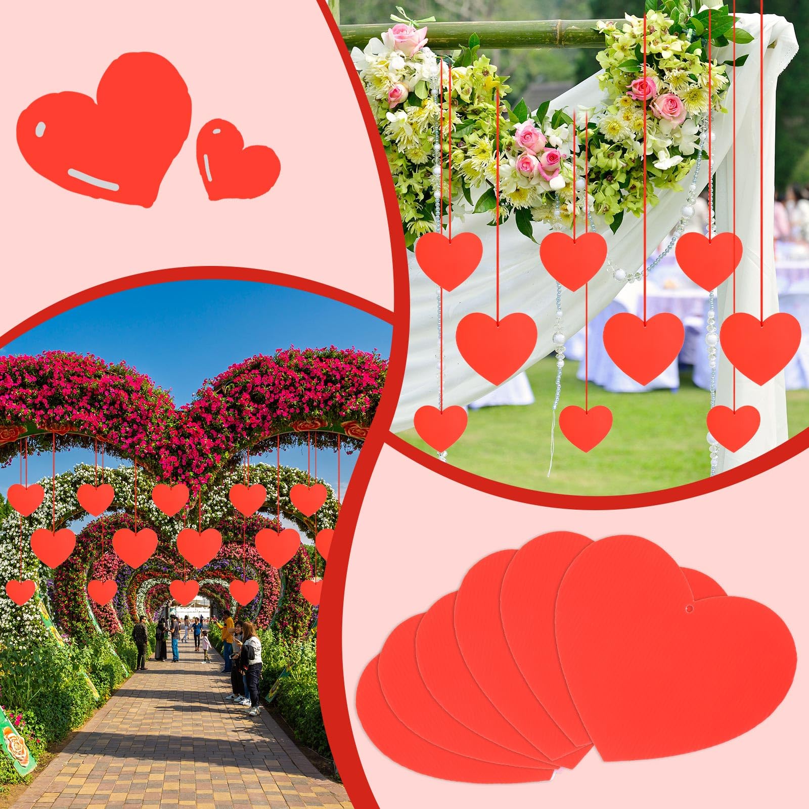 Hanaive 18 Pcs 3 Sizes Valentine's Day Outdoor Decorations Red Hanging Heart Ornaments with 3 Rolls 24 Yard Polyester Silk Satin Ribbon for Porch Tree Lawn Yard (Red)