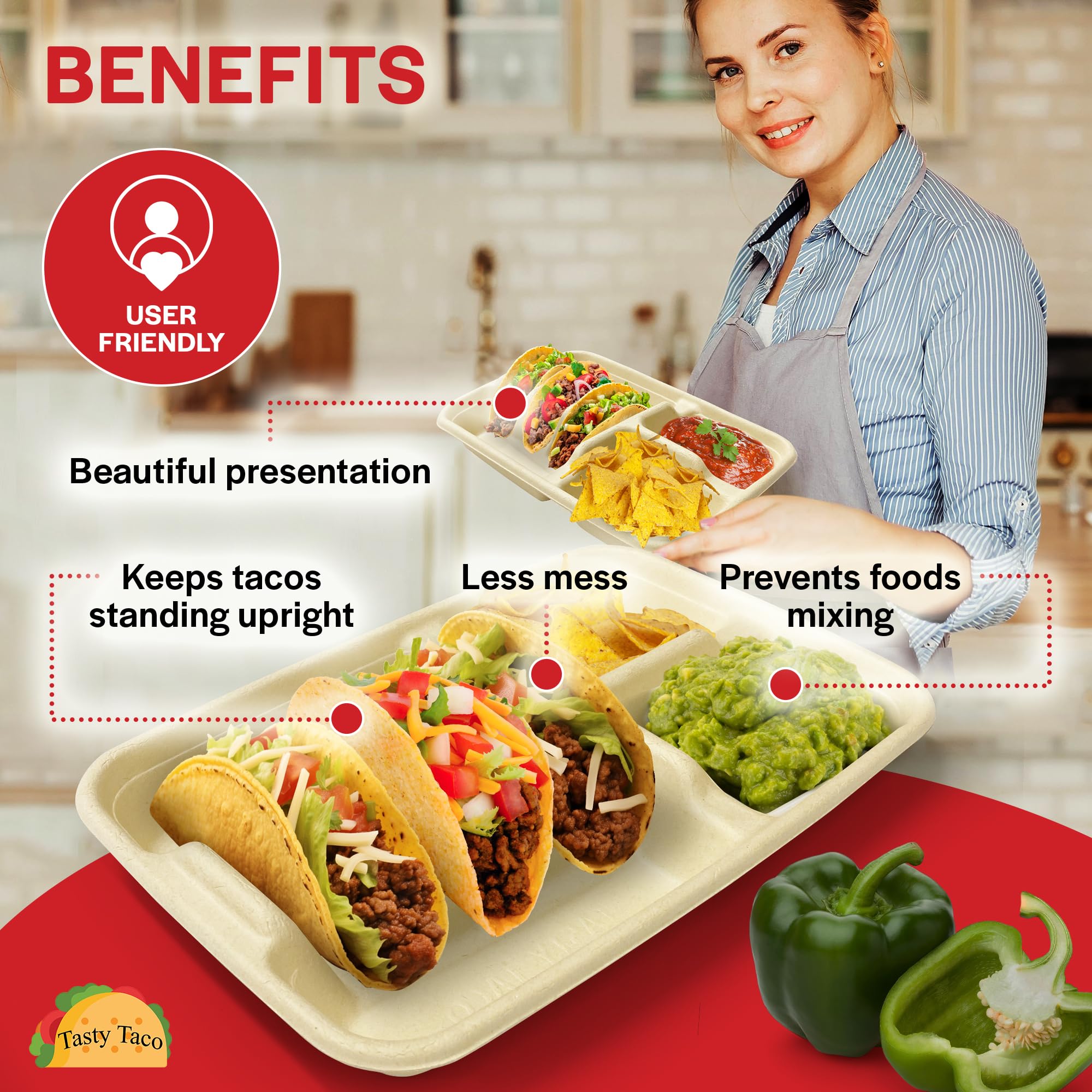 3-Tacos & 2-Sides Taco Plates, Disposable Paper Plates with Dividers – 50 PACK | Taco Tray for Party, Fiesta Taco Holder, Taco Stand for Taco Tuesday & Taco Bar, Microwave-Safe Taco Plates (50 Plates)