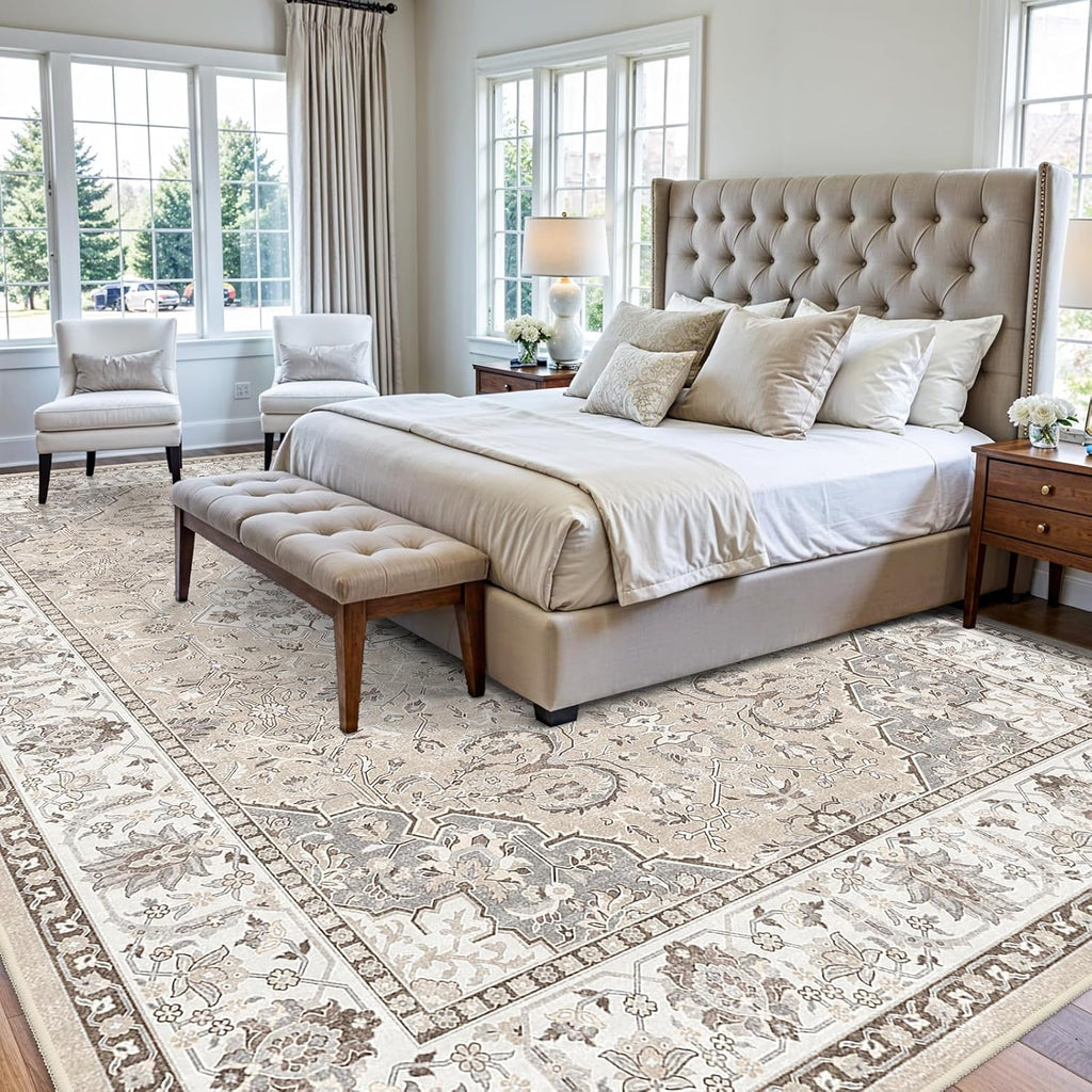 Skiennix 10x14 Washable Vintage Area Rug - Soft, Stain Resistant, Non-Slip Backing | Pet Friendly Beige Carpet