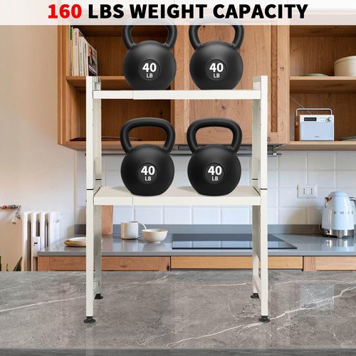 loyalKBS Expandable Microwave Stand Countertop, 3 Tier Heavy Duty Over Microwave Shelf Countertop with 4 Hooks, Height Adjustable Metal Microwave Oven Rack Shelf for Kitchen Tabletop,Holds 160lb,White