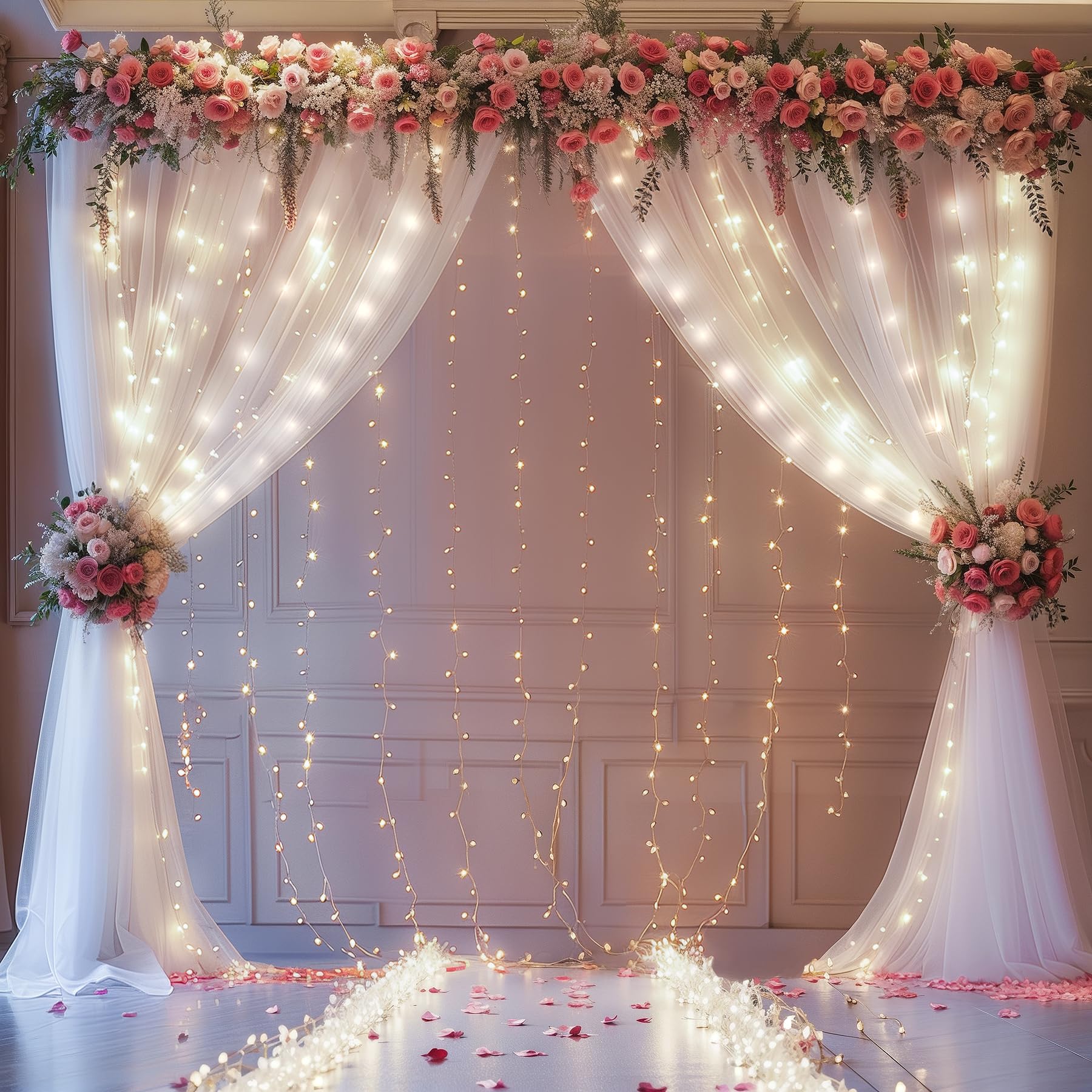 10FT x 7FT White Sheer Curtains with Lights String Tulle Curtain for Living Room Bedroom Parites Wedding Birthday Decorations 2 Panels 60" Wｘ84 L
