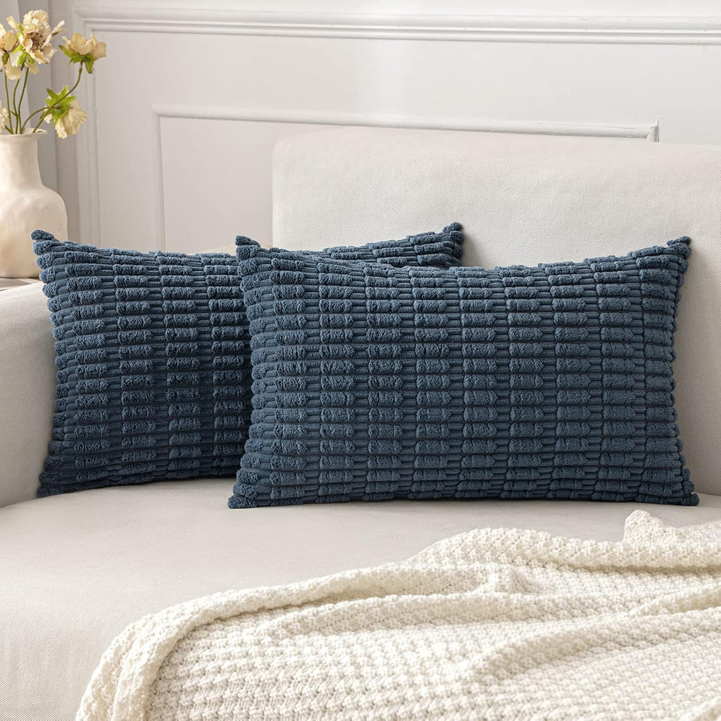 MIULEE Corduroy Lumbar Throw Pillow Covers - Soft Boho Striped Design | 20x12 Inch, Blue for Modern Farmhouse Decor