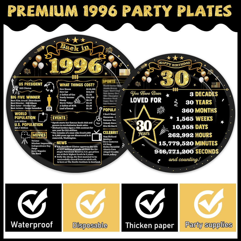 Regine Switzerland 30th Birthday Plates & Napkins - Black & Gold Party Decor for 24 Guests | 1996 Theme