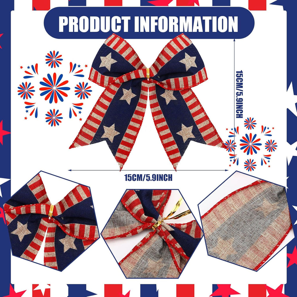 Skiennix 12 Pcs 4th of July Bows - Large Patriotic Burlap Decor for Independence Day | Red, White & Blue