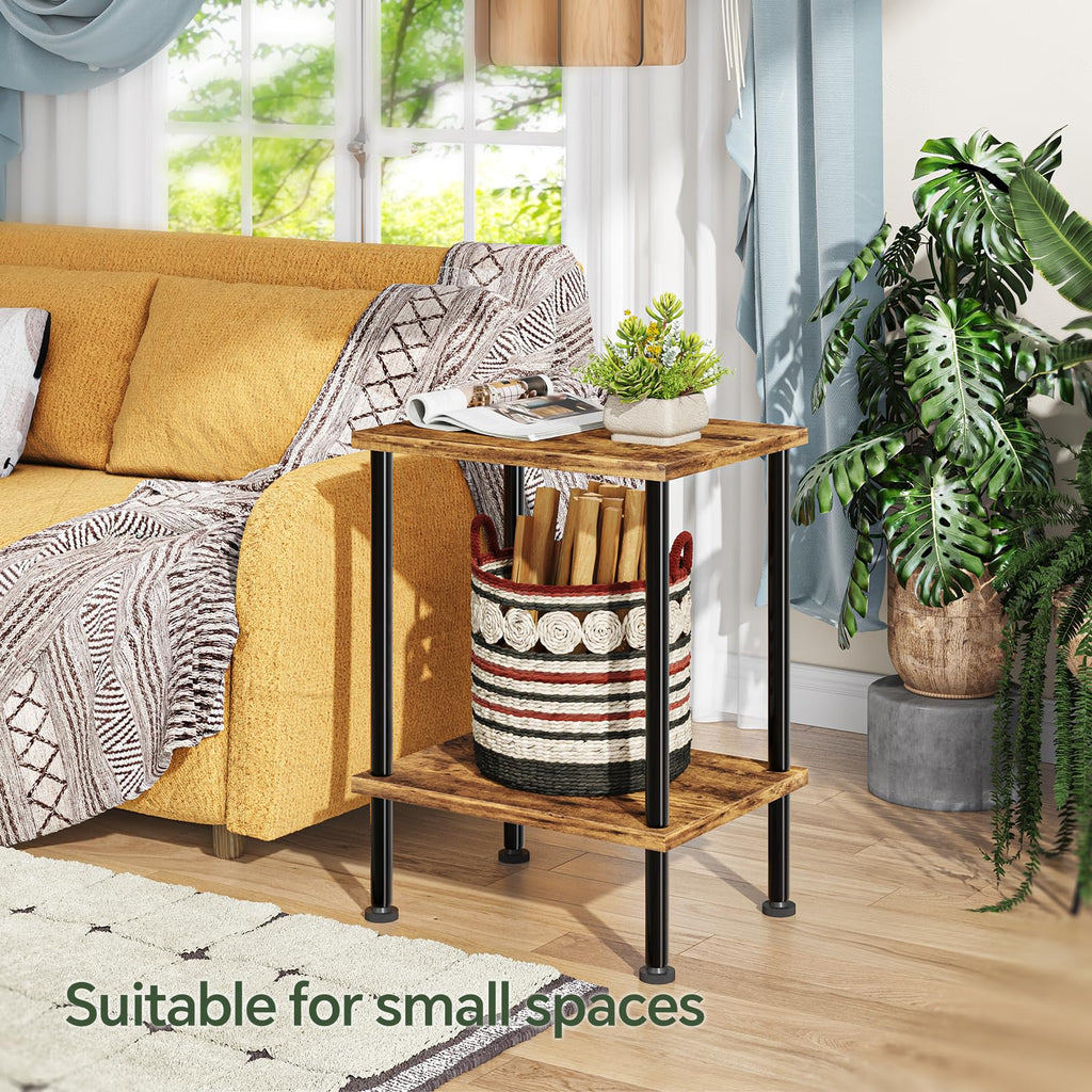 Simple Trending Side Table, Small End Table Living Room, Nightstand with 2 Tier Storage Shelves, Rustic Brown