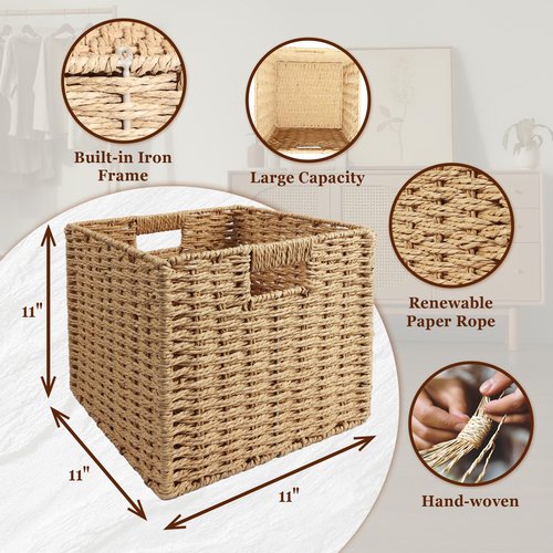 2 Pack 11x11x11 Storage Cubes, 11 inch Cube Storage Bins, Woven Baskets with Handle & No Lid, Square Wicker Baskets for Organizing, Large Collapsible Foldable Basket for Shelf Bedroom Living Room
