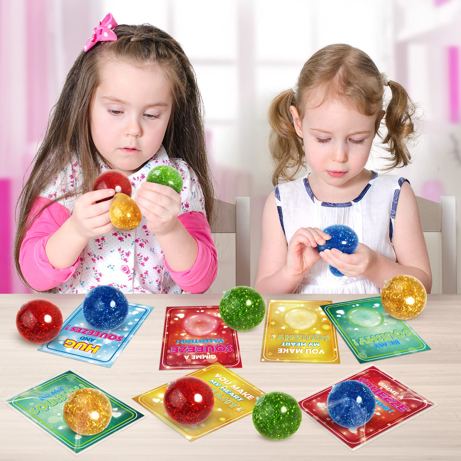 OCHIDO 24 Pack Kids Valentine's Day Greeting Cards With Squeeze Ball Stretchy, Kids Valentine Exchange Cards for Girls Boys School Class Exchange Gifts, Classroom Prizes, Bulk, Valentine Party Favor