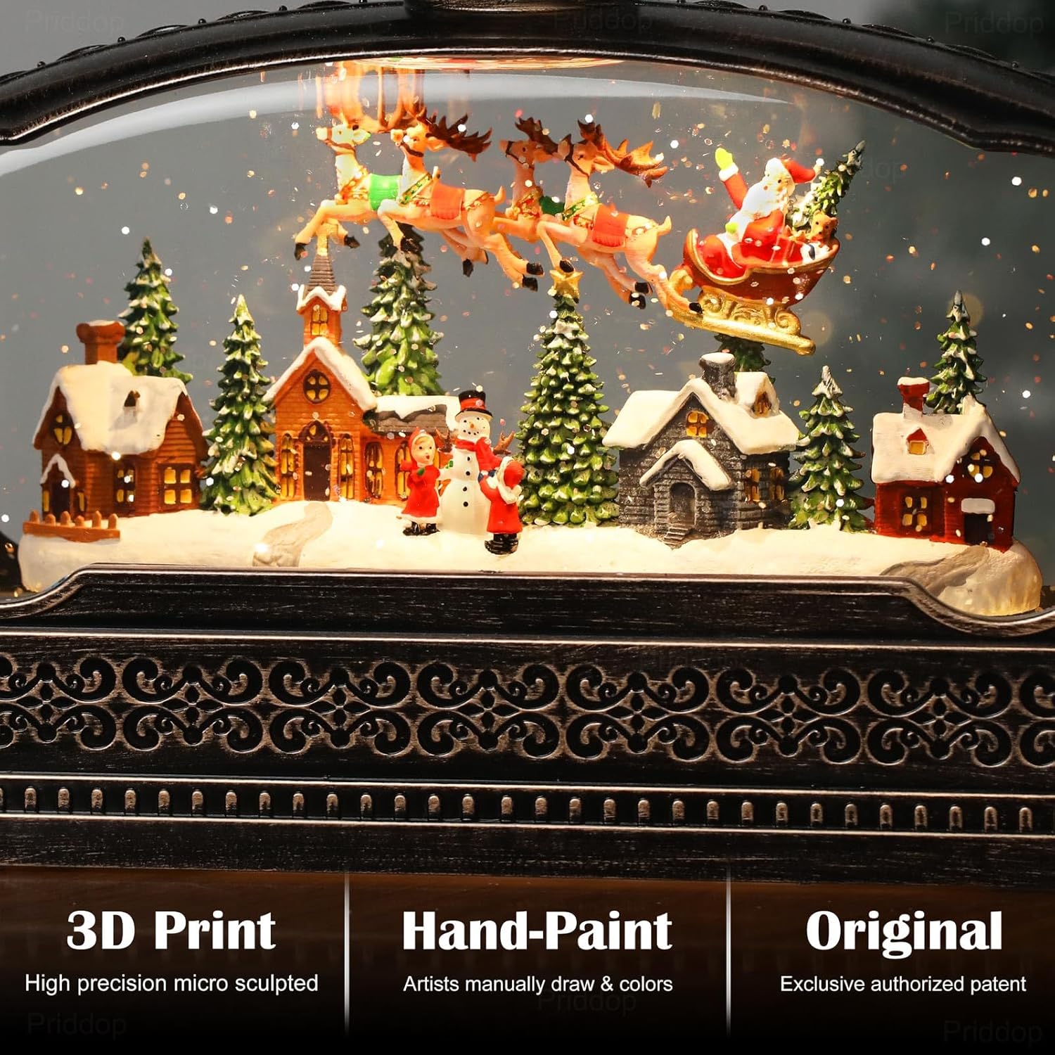 Priddop Christmas Snow Globe - Santa Claus & Snowman Village Scene | USB/Battery Timer & Music