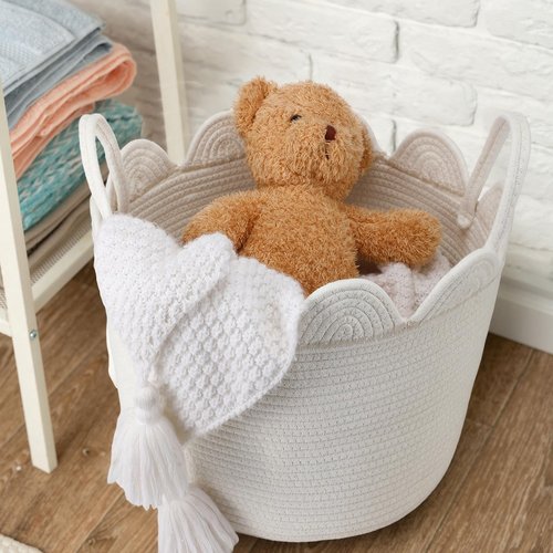 LemonRoad White Rope Basket Scalloped Woven Baskets 15.8"L x 15.8"w X13.8"h Cotton Storage Round Basket for Nursery Classroom Closet Blankets Storage Home Decor