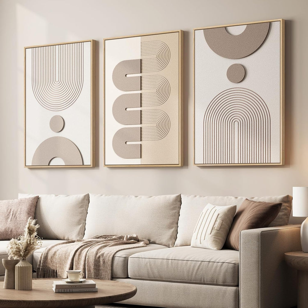 Skiennix Large 3D Textured Framed Boho Wall Art - Modern Beige & White Abstract Paintings | 24x36 In, 3 Piece Set