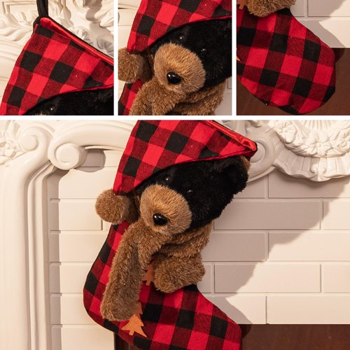 Valery Madelyn Christmas Stockings Decorations, 21 Inch Fabric Red Black Tartan Bear Cute Plush Personalized Fireplace Hanging Ornament for Holiday Xmas Party Decor