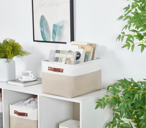 DECOMOMO Storage Baskets - Large Beige & White Fabric Organizers for Shelves and Closets