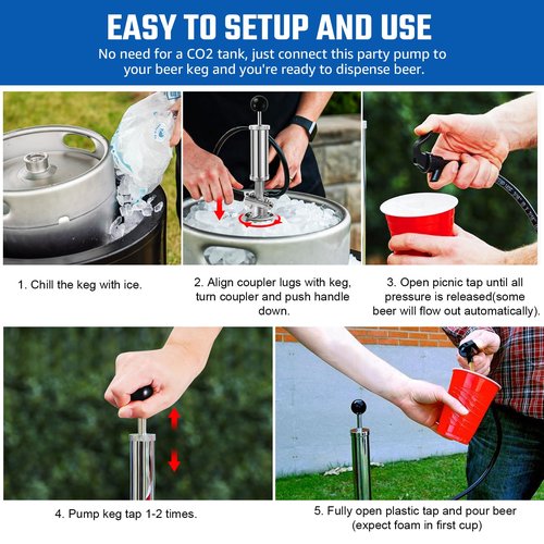 4” Keg Party Pump Keg Tap, D System Beer Keg Pump for US Sankey, Kegerator Tap Stainless Steel Probe Coupler Beer Tap with Beer Line Faucet Hose Clamps for Homebrew Picnic Parties (Silver Clamps)