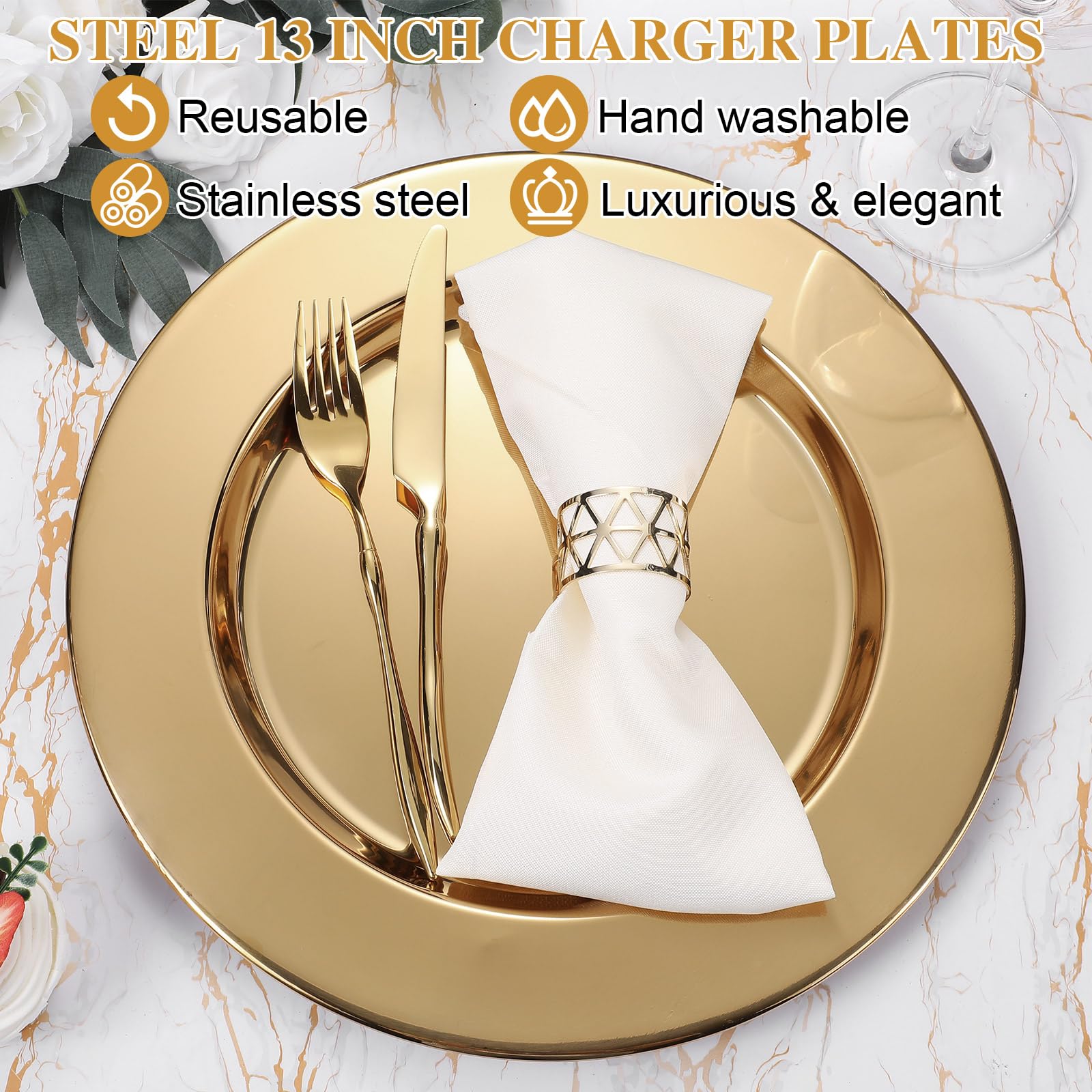 Vesici 12 Pcs Gold Stainless Steel Charger Plates 13 Inch Round Metal Charger Plates Bulk Mirror Elegant Charger Luxury Table Decor for Wedding Dinner Party