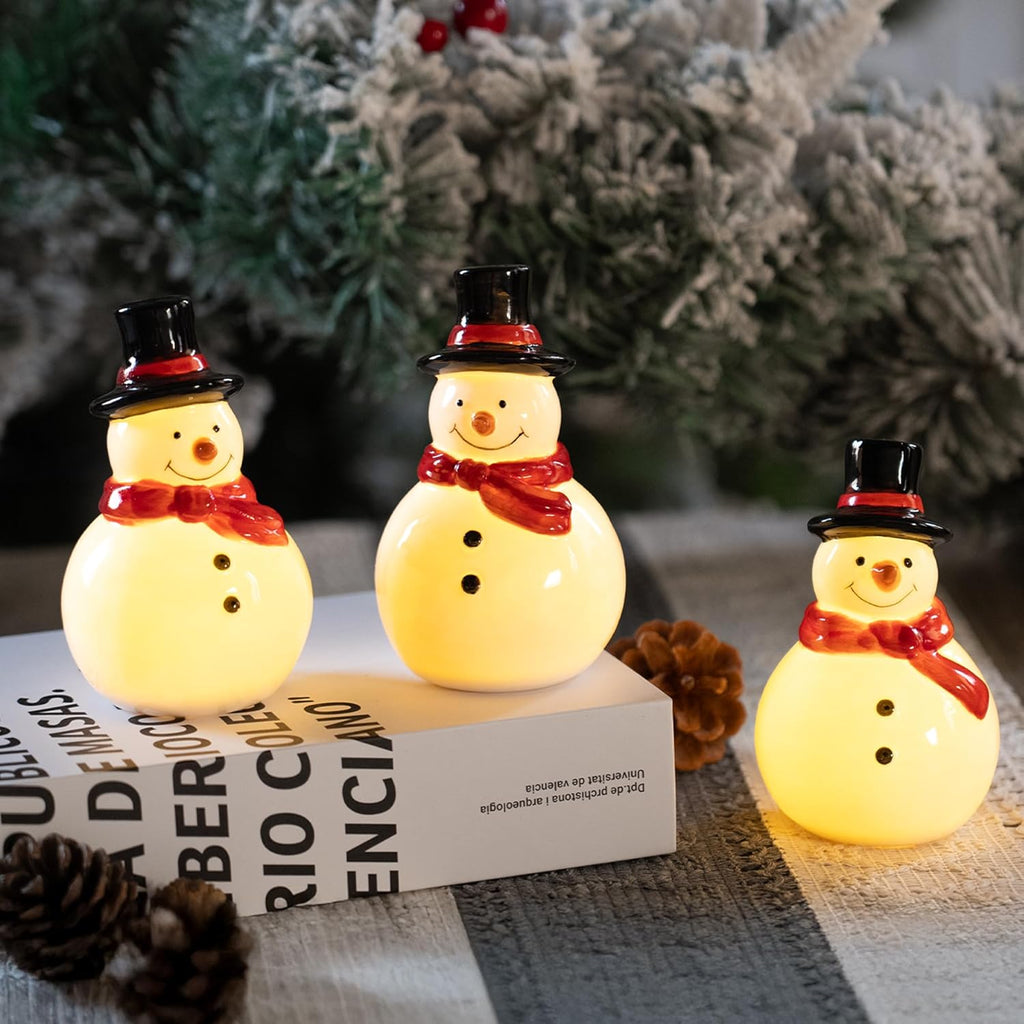 Nerosun Christmas Snowman Figurines - 3 Pack LED Lighted Ceramic Tabletop Ornaments for Winter Decor