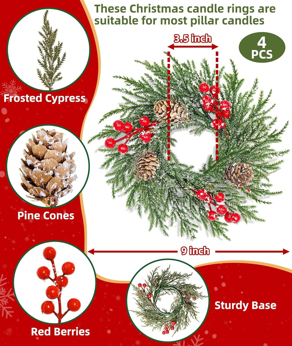 Skiennix Mini Christmas Wreath Candle Rings - 4 Pack Snowy Cypress Decor | 9"x3.5" with 20 Branches, 21 Red Berries & 3 Pinecones