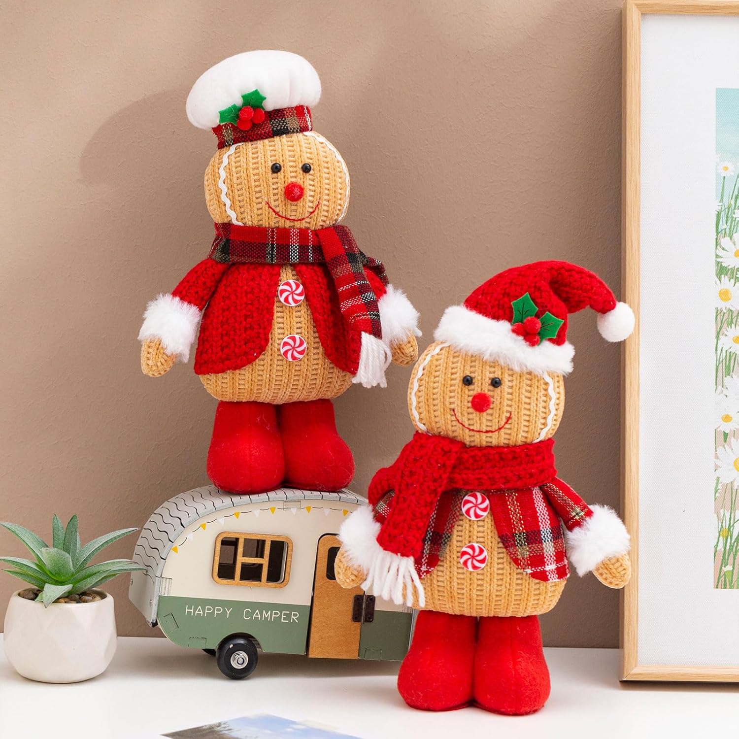 Quescu Gingerbread Christmas Decorations - 2PCS Plush Gingerbread Man Stuffed Dolls for Home Decor