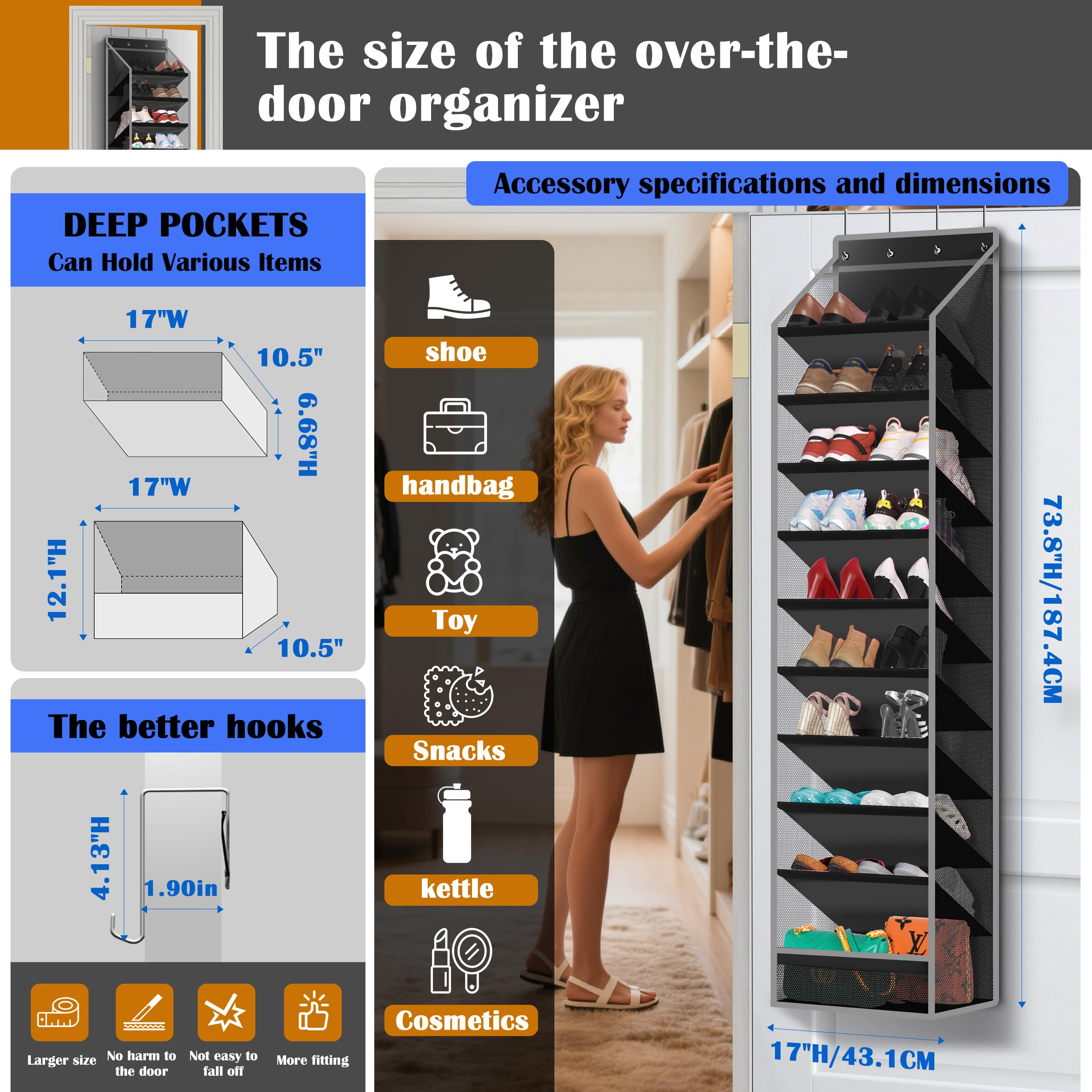 Cotohim 10 - Pocket Over - the - Door Hanging Shoe Organizers & Rack, Made of Sturdy 600D Oxford + Non - Woven Fabric, Space - Saving Storage for Shoes, Boots & More (Black)