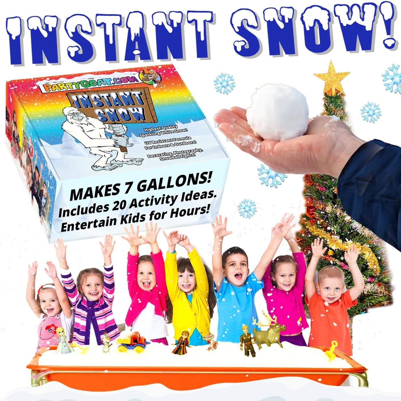 Party Goat Instant Snow Powder - Create 7 Gallons of Snow for Sensory Play | 18oz, Just Add Water!