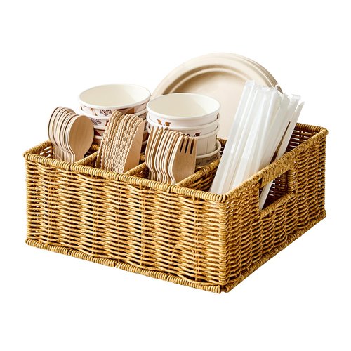 Berdeng Utensil Holder for Party, Paper Plate Dispenser for Countertop, Silverware Caddy for Picnic, Cutlery Holder for Kitchen Camping Buffet, Wicker Basket with 6 Compartments