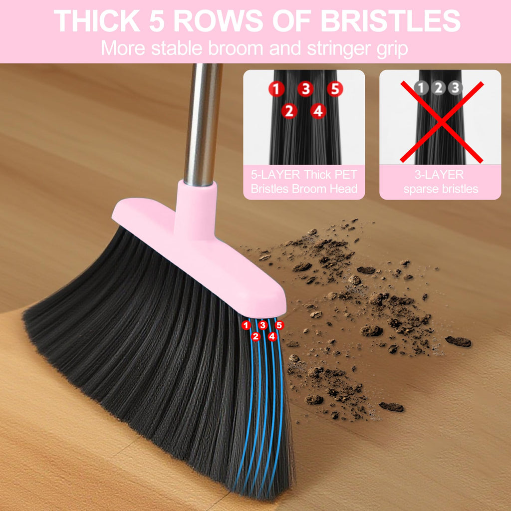 Pink Broom and Dustpan Set for Home, 52-in Long Handle Broom with Dustpan Combo with Dustpan Teeth Easy to Scrape Off Pet Hair, Indoor&Outdoor Sweeping（Pink）