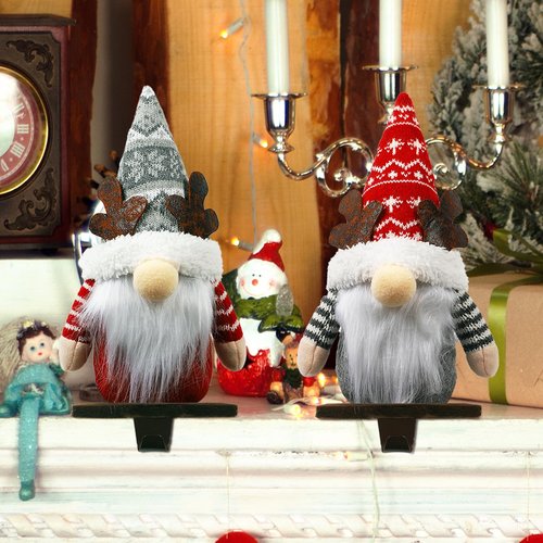 Aoutrow 2 Pack Christmas Gnome Stocking Holders, 11 Inches Plush Elk Gnomes Figurines Hanging Hooks for Stockings, Metal Stocking Hangers for Fireplace, Mantle, Shelves Christmas Decorations