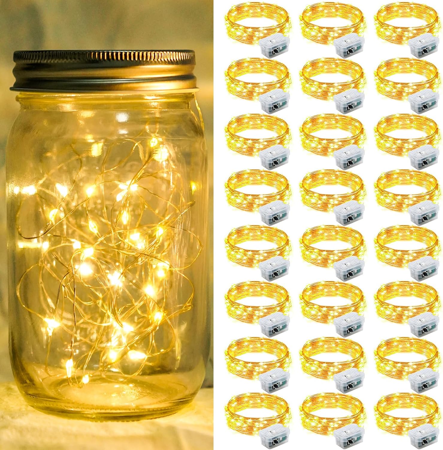 Skiennix 24 Pack Fairy Lights - 7Ft 20 LED Twinkle String Lights | Battery Operated & Waterproof for Weddings, Parties, and Home Decor - Warm White
