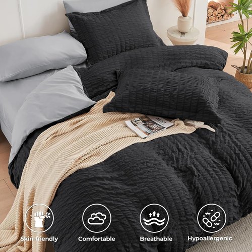 HYMOKEGE California King Comforter Set - 7-Piece All-Season Luxury Bedding in Black & Light Grey