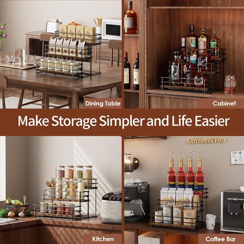 Nuovoware Coffee Syrup Organizer, 3-Tier 12 Bottles Bar Organizer, Separable Metal Rack with Wooden Base Whiskey Wine Dressing for Countertop Kitchen Coffee Bar, Black