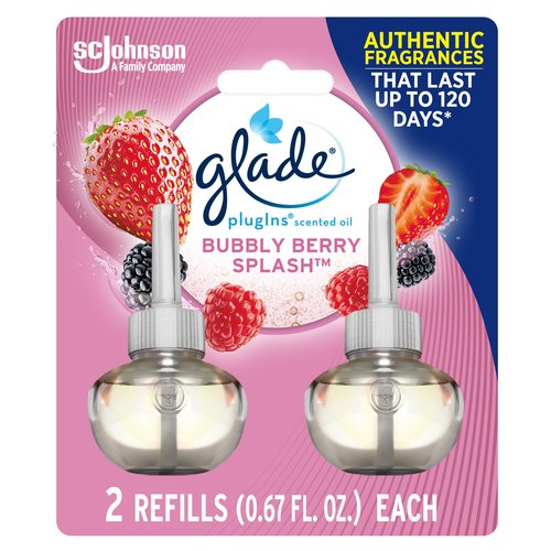 Glade PlugIns Refills Air Freshener, Scented and Essential Oils for Home and Bathroom, Bubbly Berry Splash, 1.34 Fl Oz, 2 Count